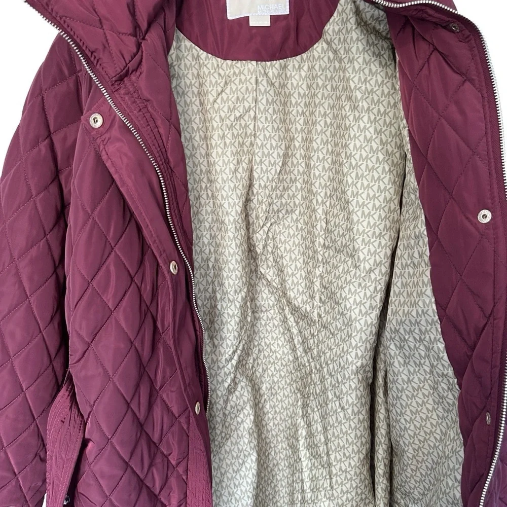 NWOT WOMENS MICHAEL KORS MAROON PUFFER COAT ZIP UP KNEE LENGTH W/ BELT & HOOD 1X - Picture 11 of 17